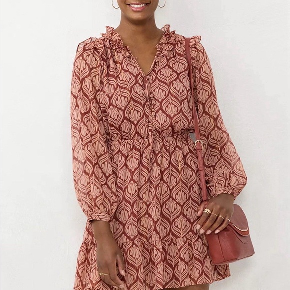 NWT Lauren Conrad Ruffle Long Sleeve Dress Burgundy Metallic Floral Leaf XL - Picture 3 of 9